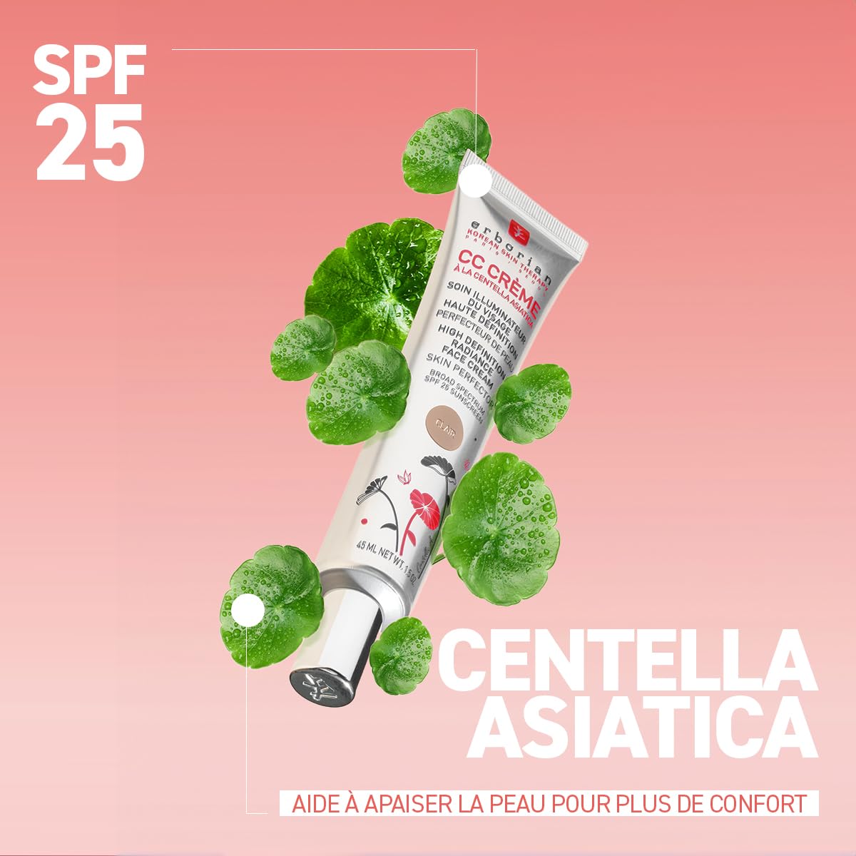 Erborian - CC Crème à la Centella Asiatica - Maquillage et Soin Illuminateur de Teint Haute Définition pour Visage - Protection Solaire SPF 25 - Soin Cosmétique Coréen